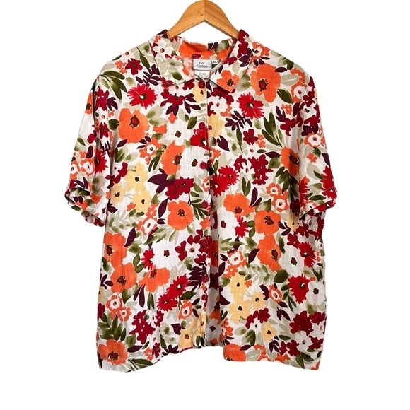 Hot Cotton Womens 100% Linen Floral Button Up Top XL Multicolor Short Sleeve USA - Picture 1 of 6